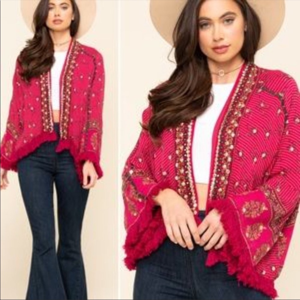 NEW Free People pink kimono sequin jacket - Picture 2 of 5